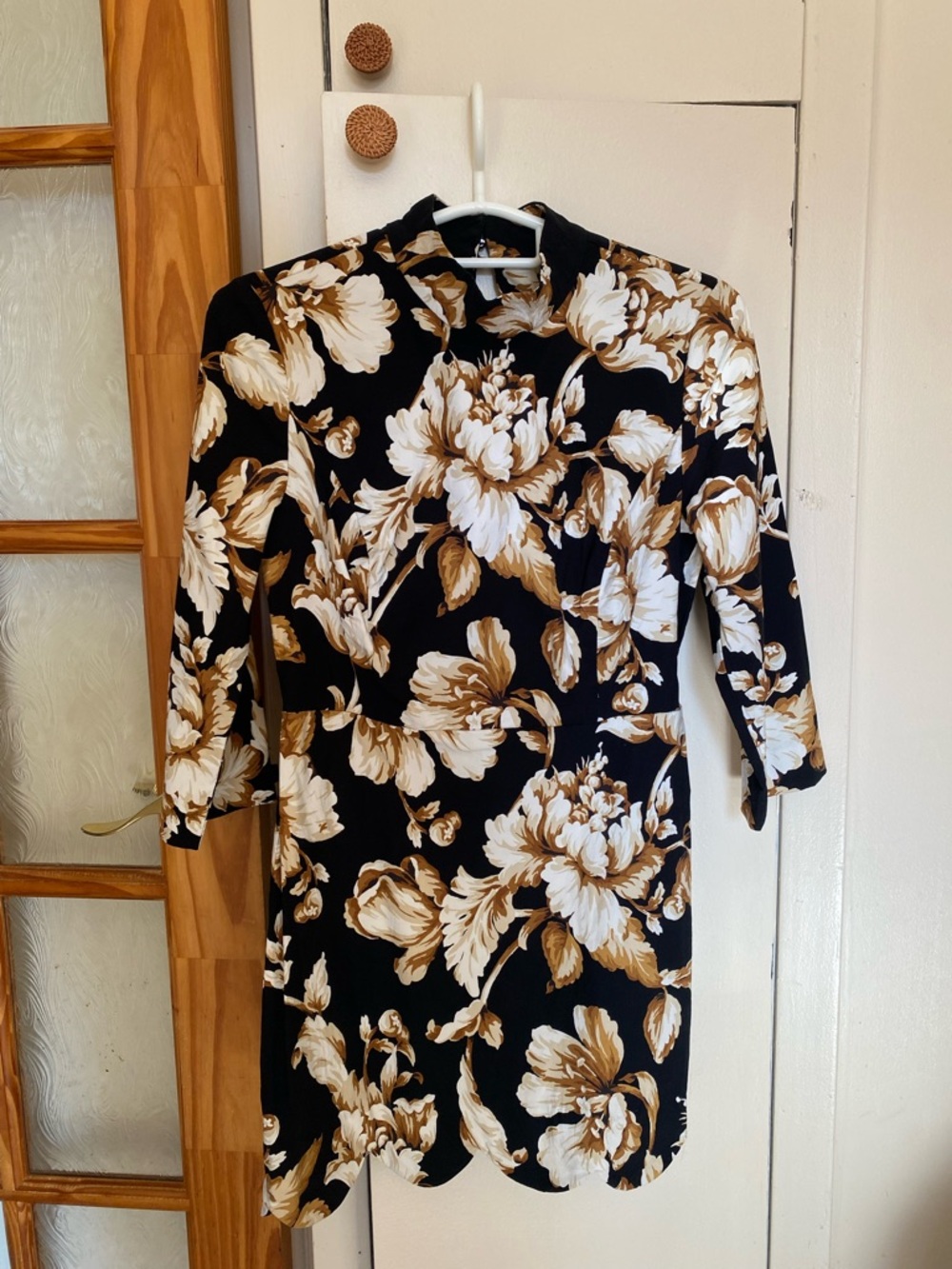 Maeve Black Floral Midi Dress with Cream and Brown Prints